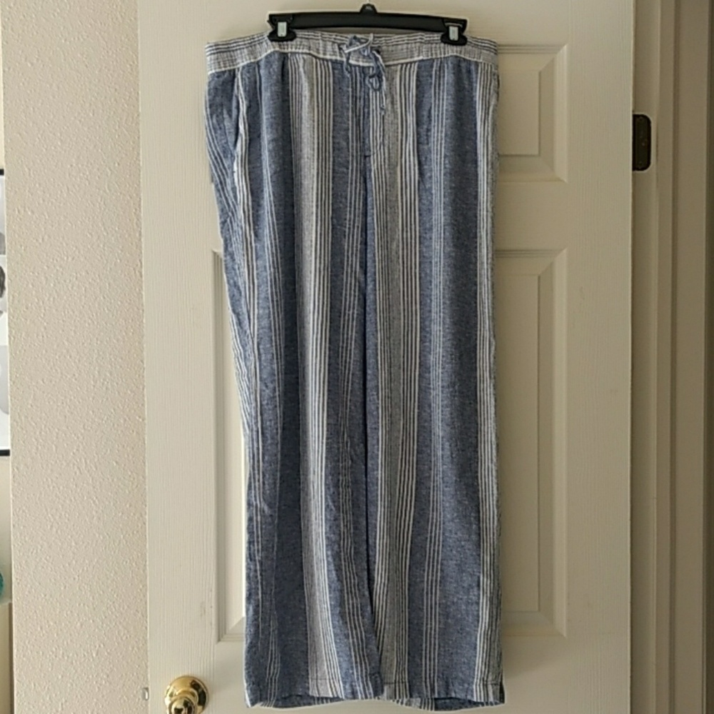 Blue Striped Wide-Leg Linen Pants